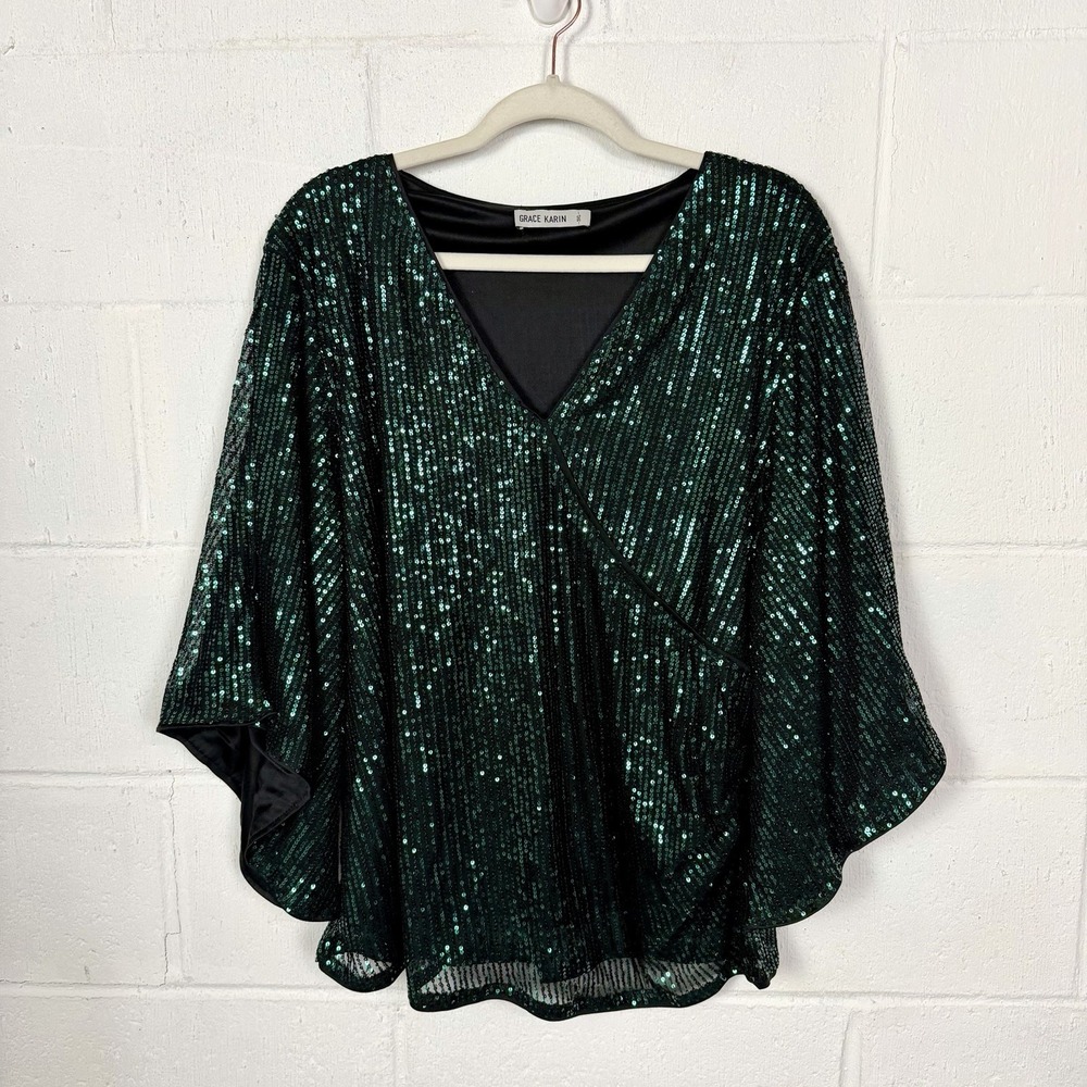 Grace Karin NWT Sequin Top 3XL Green Lined Flare Sleeves Glam Gala Cocktail NYE